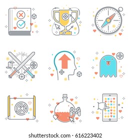 Color line, game design illustrations, icons, backgrounds and graphics. The illustration is colorful, flat, vector, pixel perfect, suitable for web and print. It is linear stokes and fills.