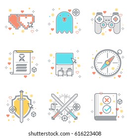 Color line, game design illustrations, icons, backgrounds and graphics. The illustration is colorful, flat, vector, pixel perfect, suitable for web and print. It is linear stokes and fills.