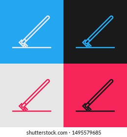 Color line Garden rake in work icon isolated on color background. Tool for horticulture, agriculture, farming. Ground cultivator. Vintage style drawing. Vector Illustration