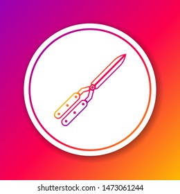 Color line Gardening handmade scissors for trimming icon isolated on color background. Pruning shears with wooden handles. Circle white button. Vector Illustration