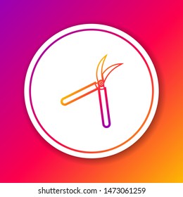 Color line Gardening handmade scissors for trimming icon isolated on color background. Pruning shears with wooden handles. Circle white button. Vector Illustration