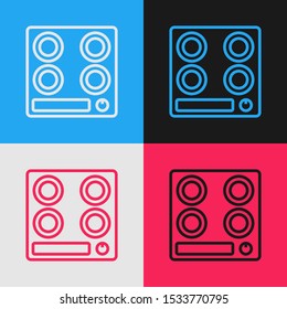 Color line Gas stove icon isolated on color background. Cooktop sign. Hob with four circle burners. Vintage style drawing. Vector Illustration
