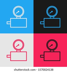 Color line Gauge scale icon isolated on color background. Satisfaction, temperature, manometer, risk, rating, performance, speed tachometer. Vintage style drawing. Vector Illustration