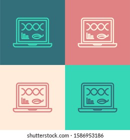 Color line Genetic engineering modification on laptop icon isolated on color background. DNA analysis, genetics testing, cloning.  Vector Illustration