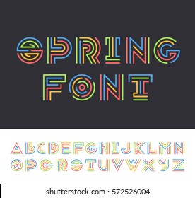 Color line geometrical latin font, bright graphical decorative colorful type.