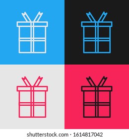 Color line Gift box icon isolated on color background. Happy Birthday. Vintage style drawing. Vector Illustration