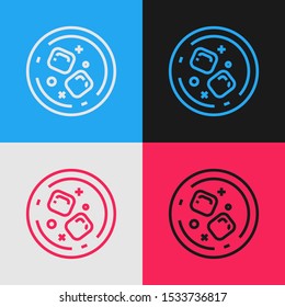 Color line Glass of whiskey and ice cubes icon isolated on color background. Vintage style drawing. Vector Illustration