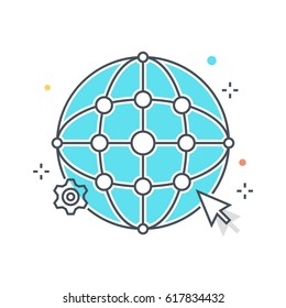 Color line, global network illustration, icon, background and graphics. The illustration is colorful, flat, vector, pixel perfect, suitable for web and print. It is linear stokes and fills.