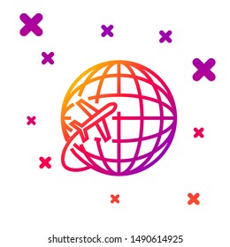 Color line Globe with flying plane icon isolated on white background. Airplane fly around the planet earth. Aircraft world icon. Gradient random dynamic shapes. Vector Illustration