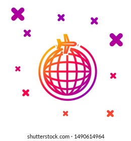 Color line Globe with flying plane icon isolated on white background. Airplane fly around the planet earth. Aircraft world icon. Gradient random dynamic shapes. Vector Illustration