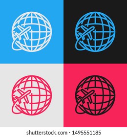 Color line Globe with flying plane icon isolated on color background. Airplane fly around the planet earth. Aircraft world icon. Vintage style drawing. Vector Illustration