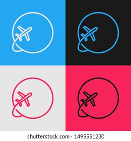 Línea de color Globo con icono de plano volador aislado en fondo de color. El avión vuela alrededor del planeta tierra. Icono mundial de la aeronave. Dibujo de estilo vintage. Ilustración vectorial
