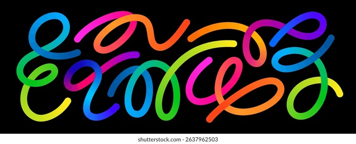 Color Line Gradient Shape. Abstract Pattern with 3D Graphic Elements on a Black Background. Vector Wavy and Curved Rainbow Ribbons. A Set of Squiggly Swirl Color Lines