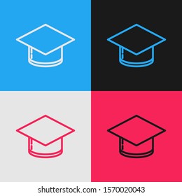 Color line Graduation cap icon isolated on color background. Graduation hat with tassel icon. Vintage style drawing. Vector Illustration