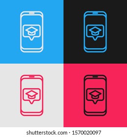 Color line Graduation cap on screen smartphone icon isolated on color background. Online learning or e-learning concept. Vintage style drawing. Vector Illustration