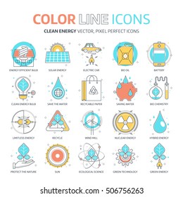 Color line, green energy illustrations, icons, backgrounds and graphics. The illustration is colorful, flat, vector, pixel perfect, suitable for web and print. It is linear stokes and fills.