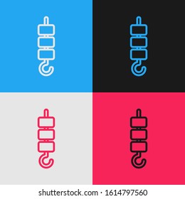 Color line Grilled shish kebab on skewer stick icon isolated on color background. Meat kebab on skewer stick. Picnic with grilled meat. Vintage style drawing. Vector Illustration