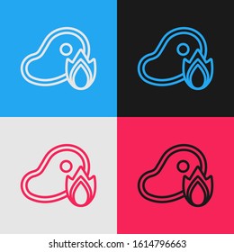 Color line Grilled steak meat and fire flame icon isolated on color background. Vintage style drawing. Vector Illustration
