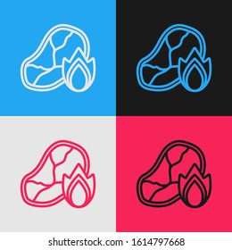 Color line Grilled steak meat and fire flame icon isolated on color background. Vintage style drawing. Vector Illustration