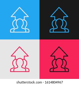 Color line Growth chart and progress in people crowd icon isolated on color background. Arrow finance up. Businessman of success. Vintage style drawing. Vector Illustration