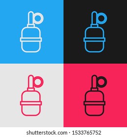 Color line Hand grenade icon isolated on color background. Bomb explosion. Vintage style drawing. Vector Illustration