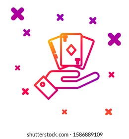 Color line Hand holding deck of playing cards icon isolated on white background. Casino gambling. Gradient random dynamic shapes. Vector Illustration