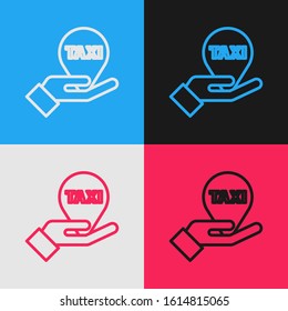 Color line Hand on map pointer with taxi icon isolated on color background. Location symbol. Vintage style drawing. Vector Illustration