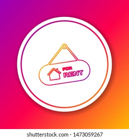 Color line Hanging sign with text For Rent icon isolated on color background. Signboard with text For Rent. Circle white button. Vector Illustration