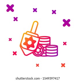 Color line Hanukkah dreidel and coin icon isolated on white background. Gradient random dynamic shapes. Vector Illustration