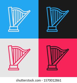 Color line Harp icon isolated on color background. Classical music instrument, orhestra string acoustic element. Vintage style drawing. Vector Illustration