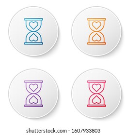 Color line Heart in the center old hourglass icon isolated on white background. Valentines day. Set icons in circle buttons. Vector Illustration