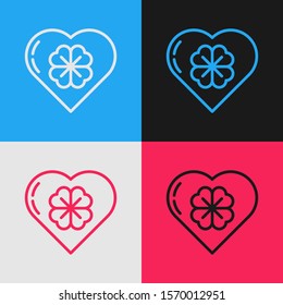 Color line Heart with four leaf clover icon isolated on color background. Happy Saint Patrick day. Vintage style drawing. Vector Illustration