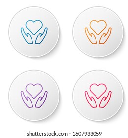 Color line Heart on hand icon isolated on white background. Hand giving love symbol. Valentines day symbol. Set icons in circle buttons. Vector Illustration