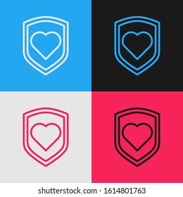 Color line Heart with shield icon isolated on color background. Love symbol. Security, safety, protection, protect concept. Valentines day. Vintage style drawing. Vector Illustration