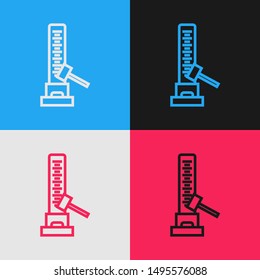 Color line High striker attraction with big hammer icon isolated on color background. Attraction for measuring strength. Amusement park. Vintage style drawing. Vector Illustration