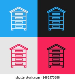 Color line Hive for bees icon isolated on color background. Beehive symbol. Apiary and beekeeping. Sweet natural food. Vintage style drawing. Vector Illustration