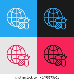 Color line Honeycomb map of the world and bee icon isolated on color background. World bee day. Concept ecological event. Vintage style drawing. Vector Illustration