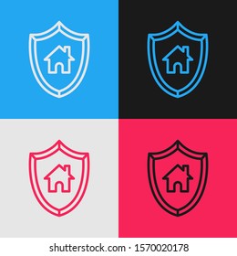 Color line House with shield icon isolated on color background. Insurance concept. Security, safety, protection, protect concept. Vintage style drawing. Vector Illustration
