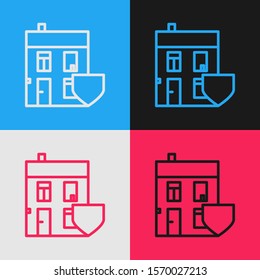Color line House with shield icon isolated on color background. Insurance concept. Security, safety, protection, protect concept. Vintage style drawing. Vector Illustration