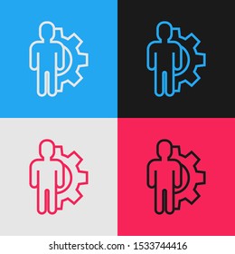 Color line Human with gear inside icon isolated on color background. Artificial intelligence. Thinking brain sign. Symbol work of brain. Vintage style drawing. Vector Illustration