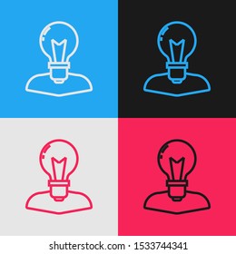 Color line Human head with lamp bulb icon isolated on color background. Vintage style drawing. Vector Illustration