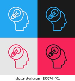 Color line Human head with lamp bulb icon isolated on color background. Vintage style drawing. Vector Illustration