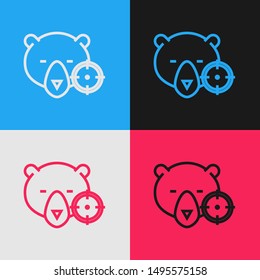Color line Hunt on bear with crosshairs icon isolated on color background. Hunting club logo with bear and target. Rifle lens aiming a bear. Vintage style drawing. Vector Illustration