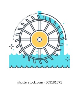 Color line, hydro power illustration, icon, background and graphics. The illustration is colorful, flat, vector, pixel perfect, suitable for web and print. It is linear stokes and fills.