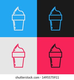 Color line Ice cream in waffle cone icon isolated on color background. Sweet symbol. Vintage style drawing. Vector Illustration