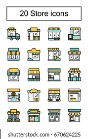 Color line icon of 20 store shop front line icon set isolated vector illustration.