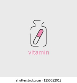 Color line icon bottle with pills, bottle with vitamins, medicine, drugs. Vector linear illustration