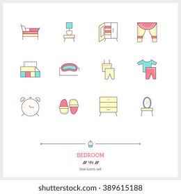 Color line icon set of bad room icons set. Interior and textile objects. Icons for web and mobile app.