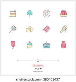 Color line icon set of candy an desserts objects. Gummi bears, candy, cake, honey, chocolate, cupcakes, Donat, cotton candy, jelly. Logo icons vector illustration