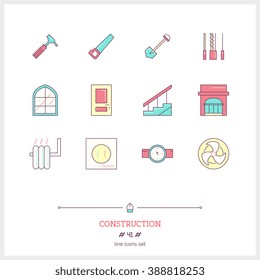 Color line icon set of Construction objects. Construction tools, interior design objects. Icons for web and mobile app.